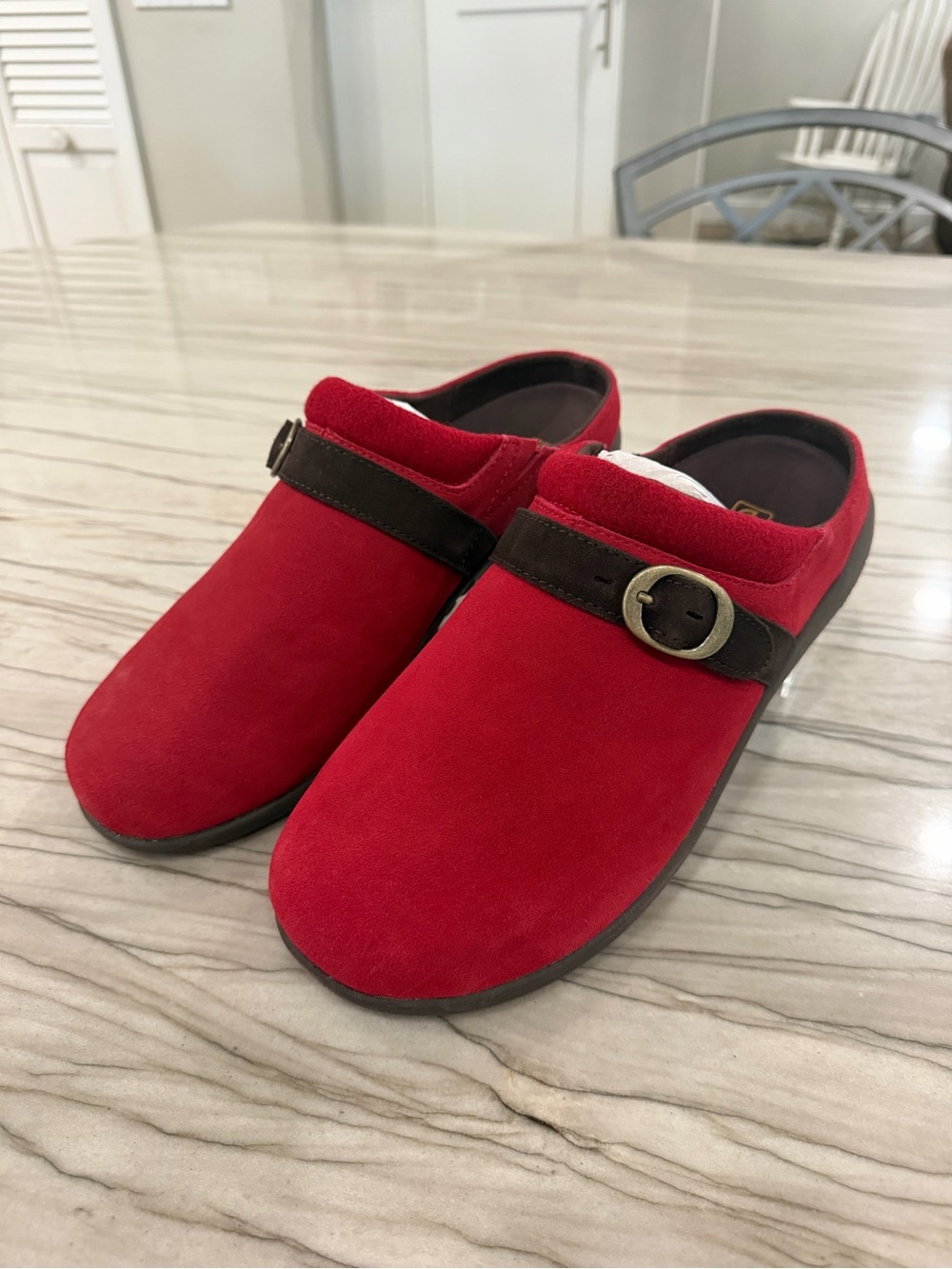 Red Suede Slip-On Mules with Buckle Accent